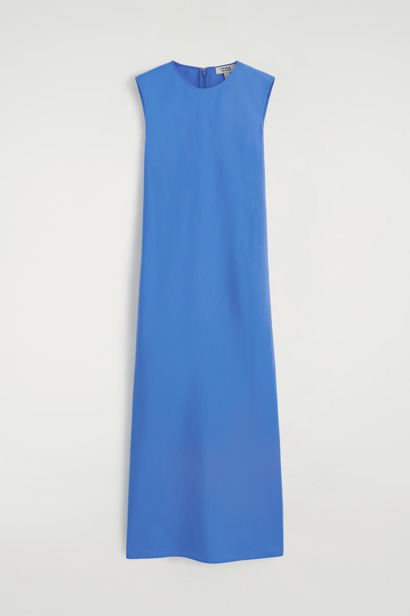 Bias-Cut Linen-Blend Midi Dress in Blue