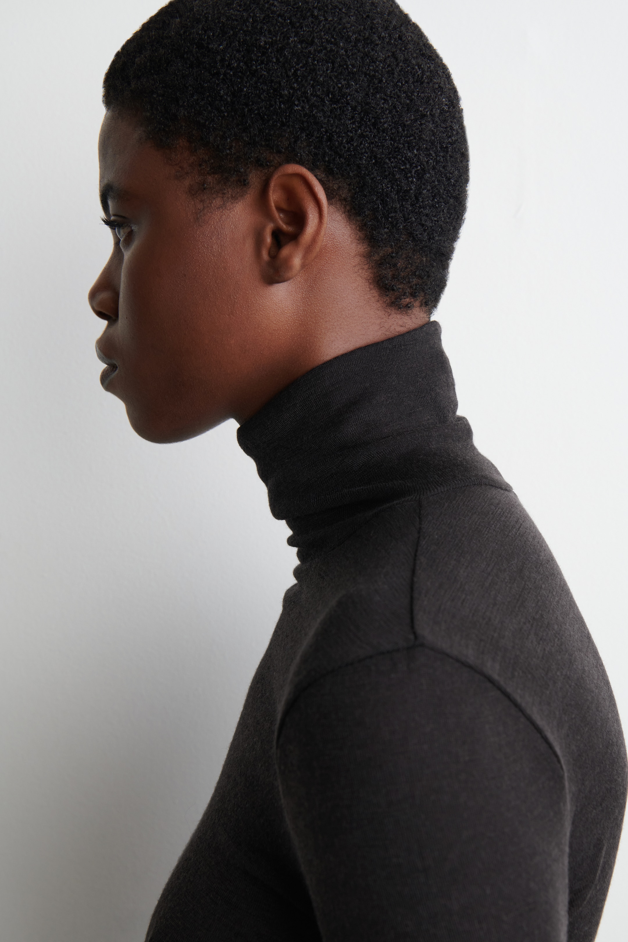 Agrandir l'image: Un haut à col roulé de ton sombre est présenté de profil, avec son col haut s'ajustant parfaitement autour du cou et affichant de subtiles plis horizontaux. Le tissu en maille fine du vêtement s'étend en douceur sur l'épaule.