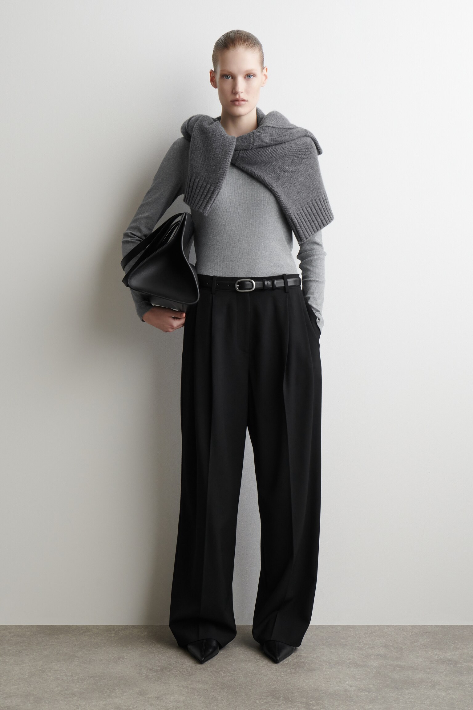 RIBBED JERSEY LONG-SLEEVED TOP - GREY MÉLANGE/WHITE/BLACK - 3