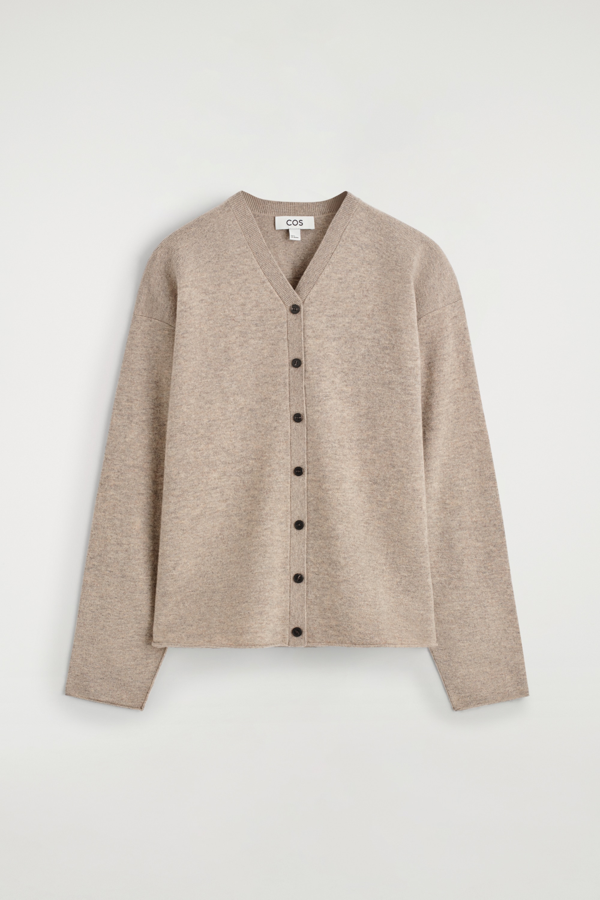 V-RINGAD CARDIGAN I MERINOULL - MELERAD BEIGE/RÖD/MÖRKBRUN