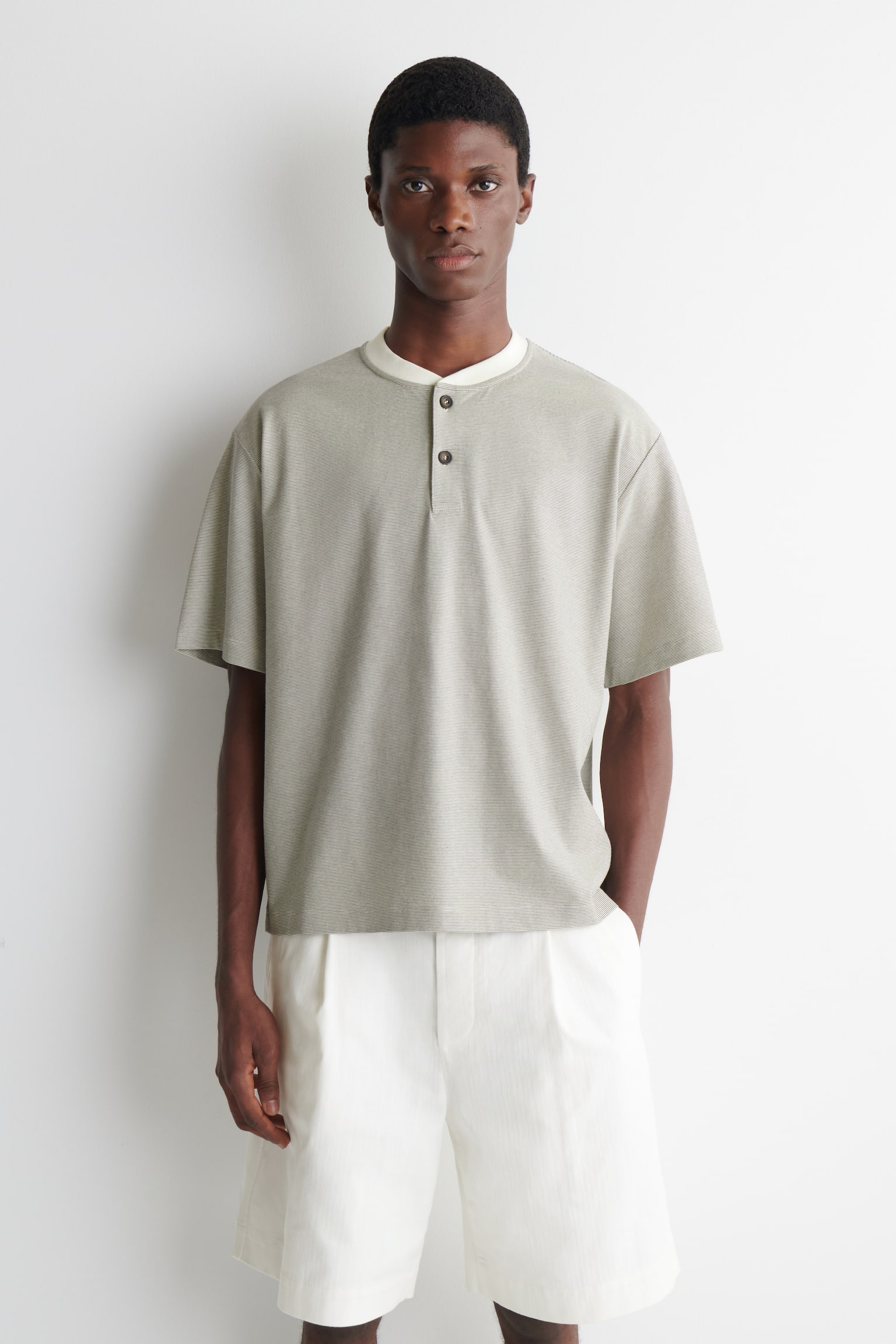 STRIPED COTTON HENLEY T-SHIRT - WHITE / BLACK / STRIPED - 1
