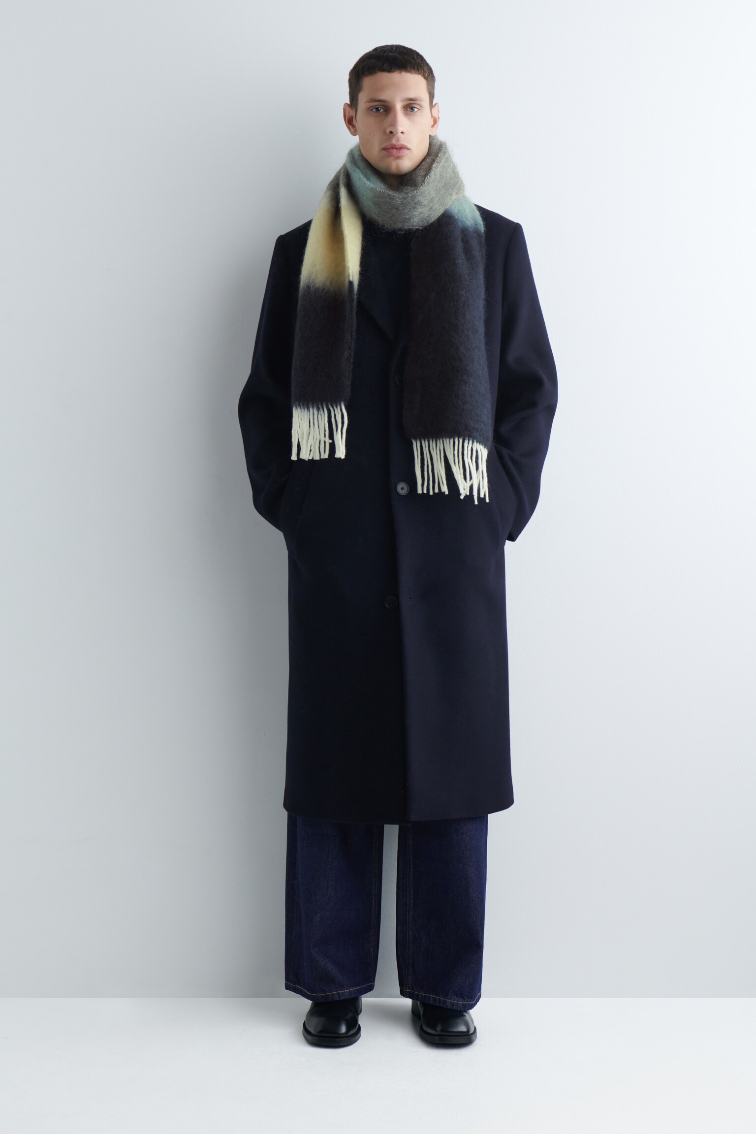 FRINGED MOHAIR SCARF - NAVY / CREAM / GREY - 3