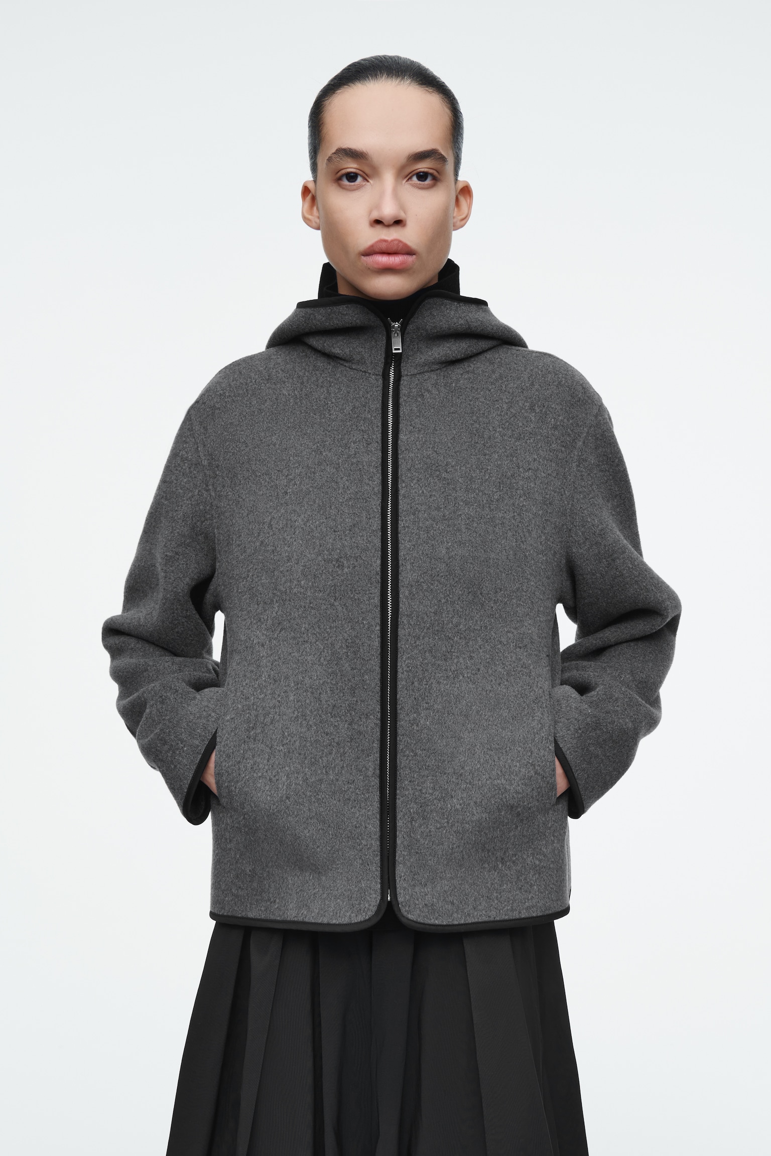 VESTE À CAPUCHE EN LAINE DOUBLE FACE - GRIS/BEIGE CLAIR