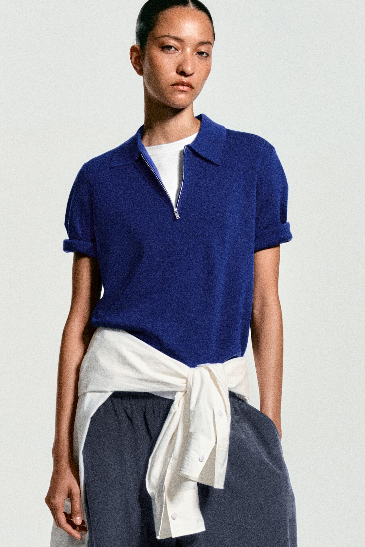 MERINO WOOL ZIP-UP POLO SHIRT — COBALT BLUE