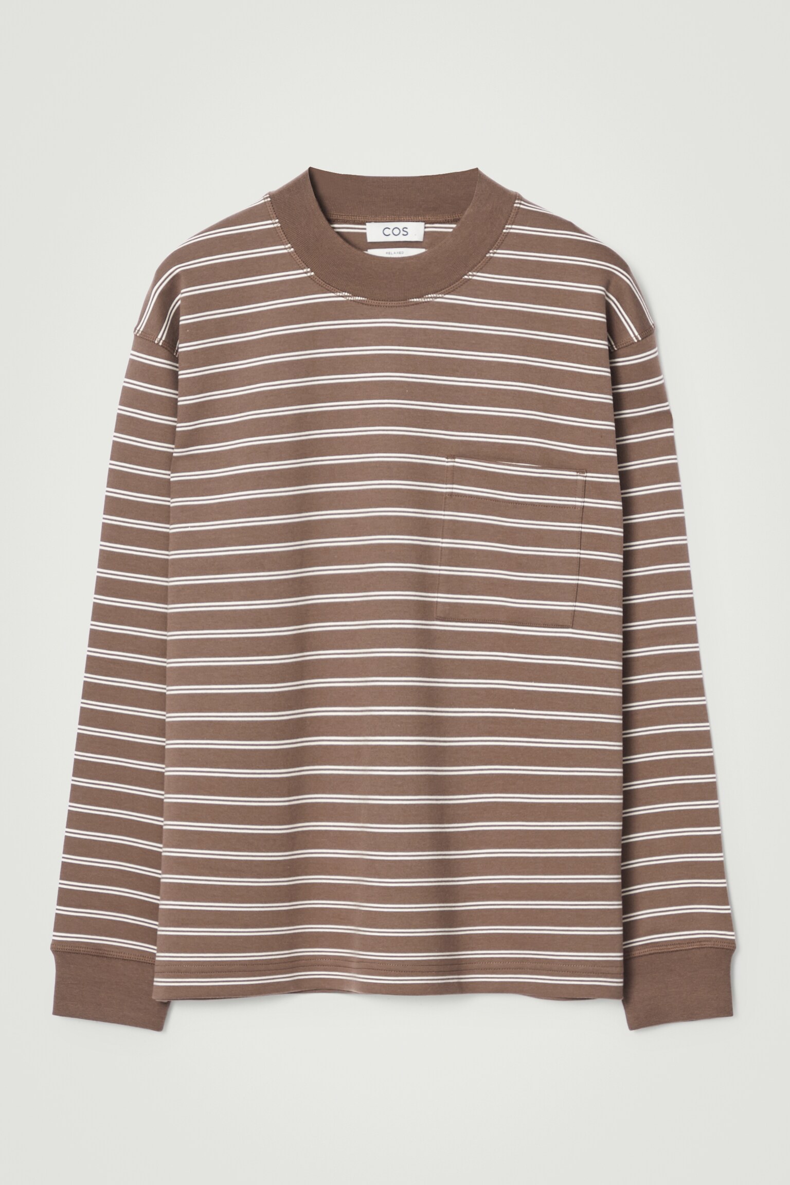 RELAXED MOCK-NECK COTTON LONG-SLEEVED T-SHIRT - BROWN / OFF-WHITE - 1