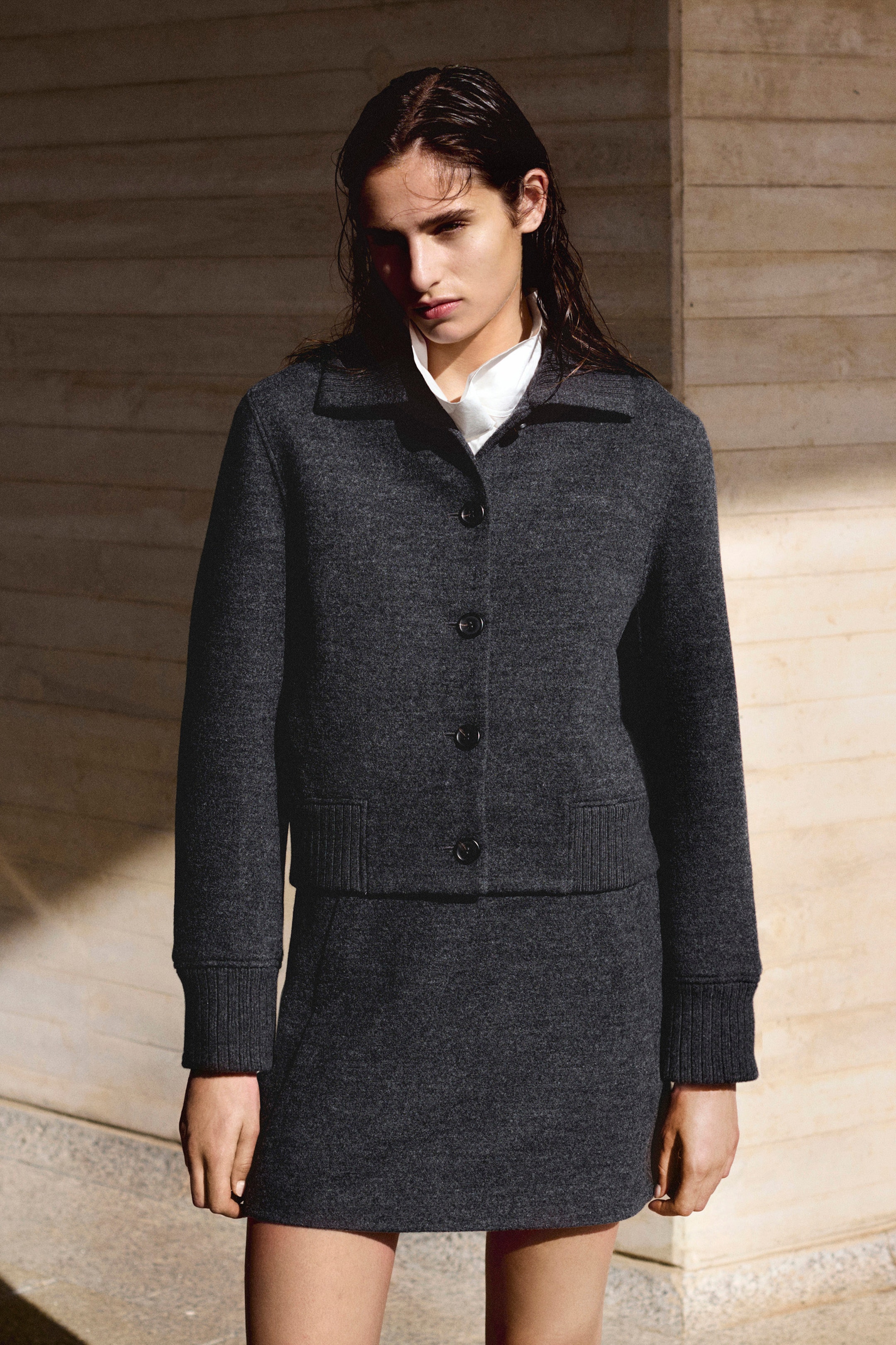 RIBBED-COLLAR BOILED MERINO WOOL JACKET