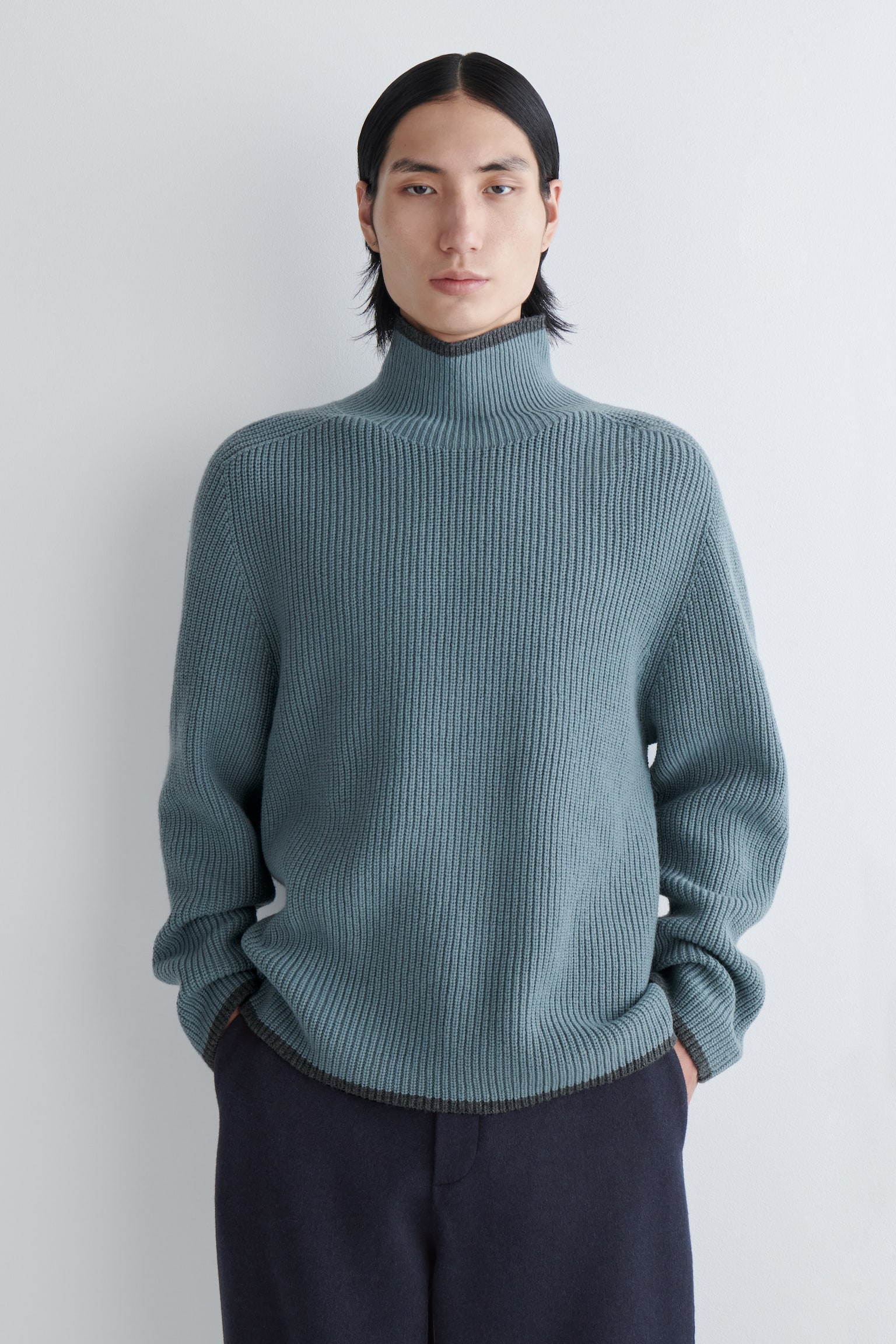 PULL EN LAINE MÉRINOS ET YAK À BORDURE CONTRASTÉE - Bleu acier - 1