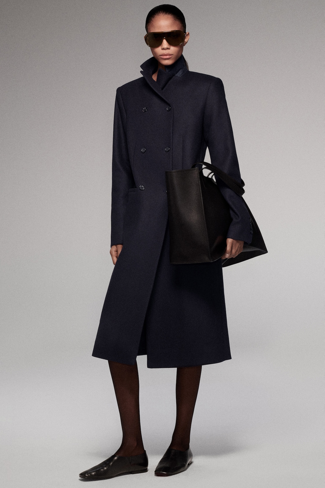 TAILORED WOOL-TWILL LONG COAT — NAVY