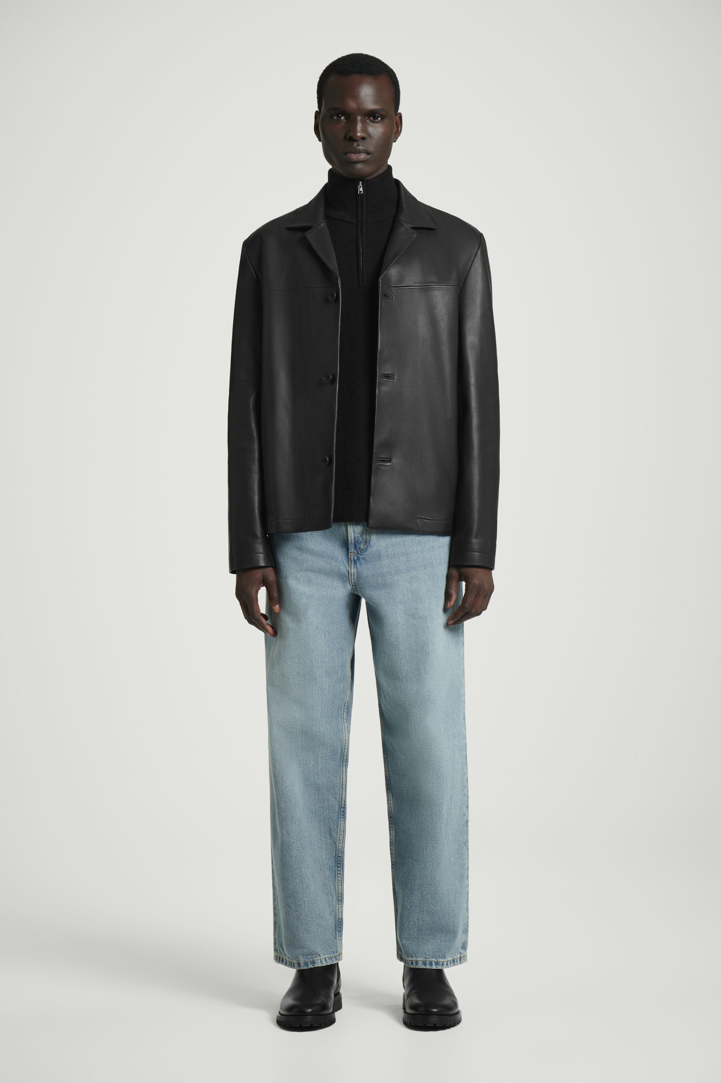 CAMP-COLLAR LEATHER JACKET - BLACK | COS