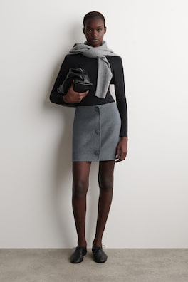 BUTTONED DOUBLE-FACED WOOL MINI SKIRT — GREY 1