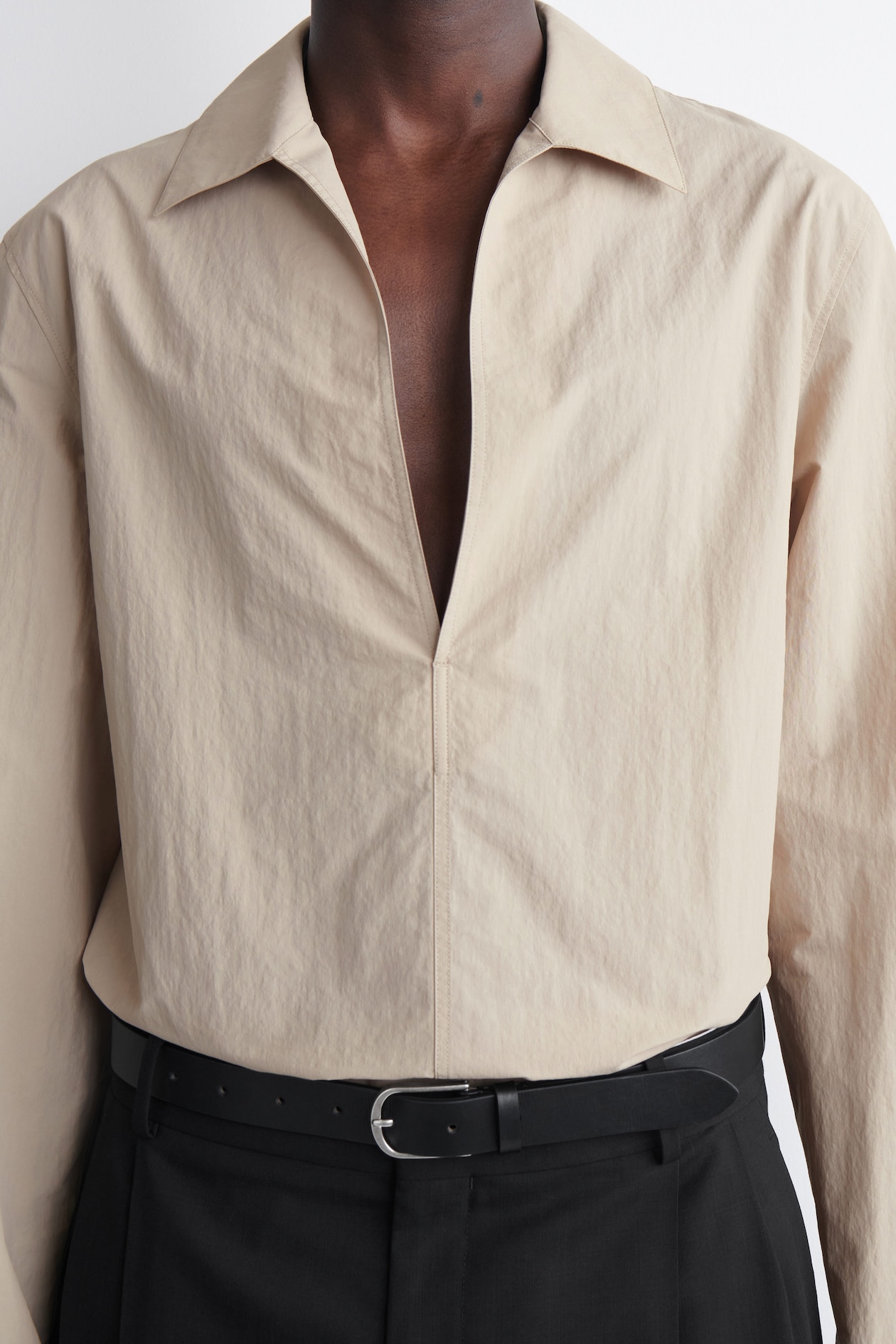 TAILORED OPEN-COLLAR NYLON SHIRT — BISCUIT
