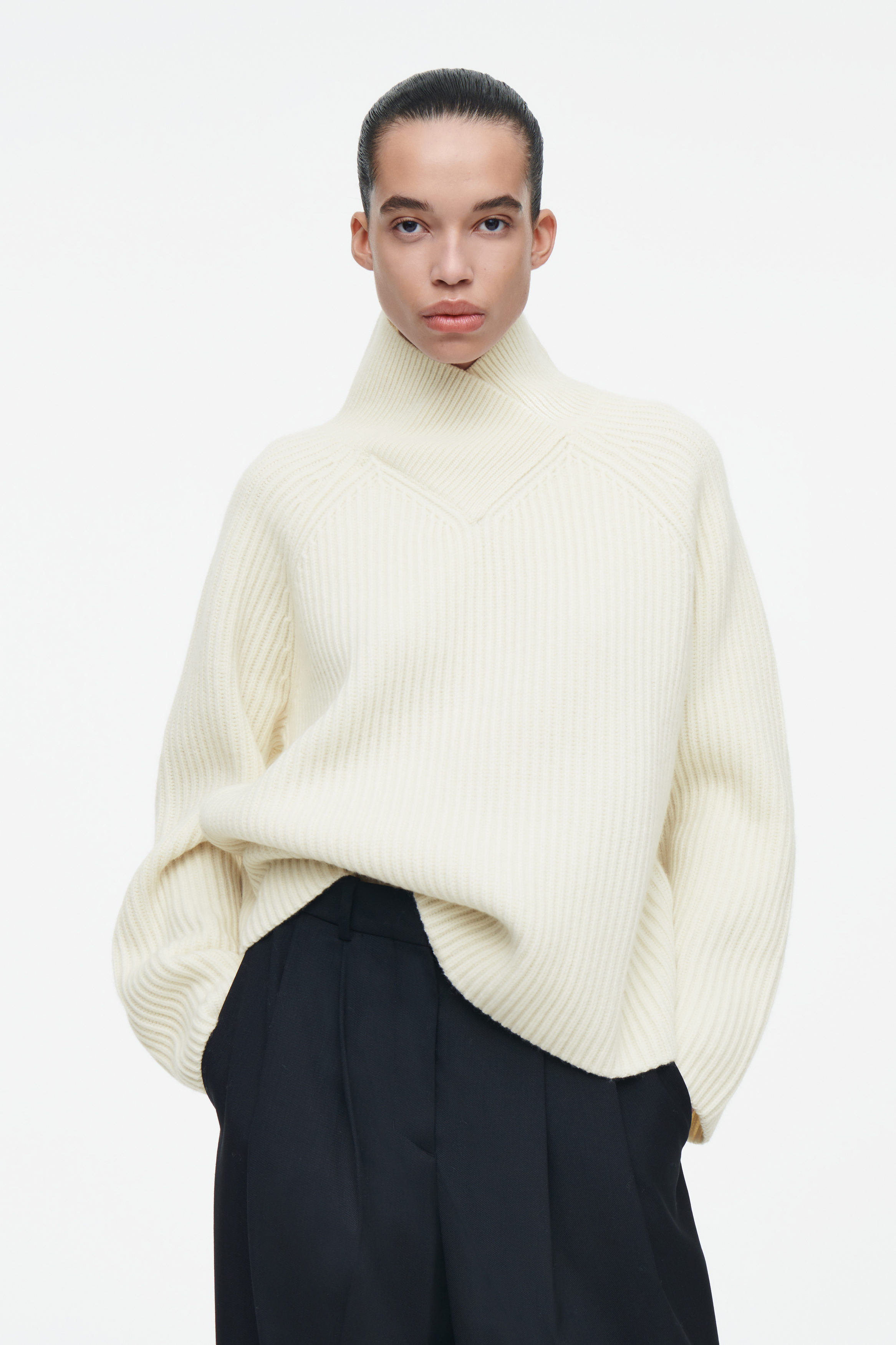 WRAP-COLLAR MERINO WOOL SWEATER - ECRU | COS