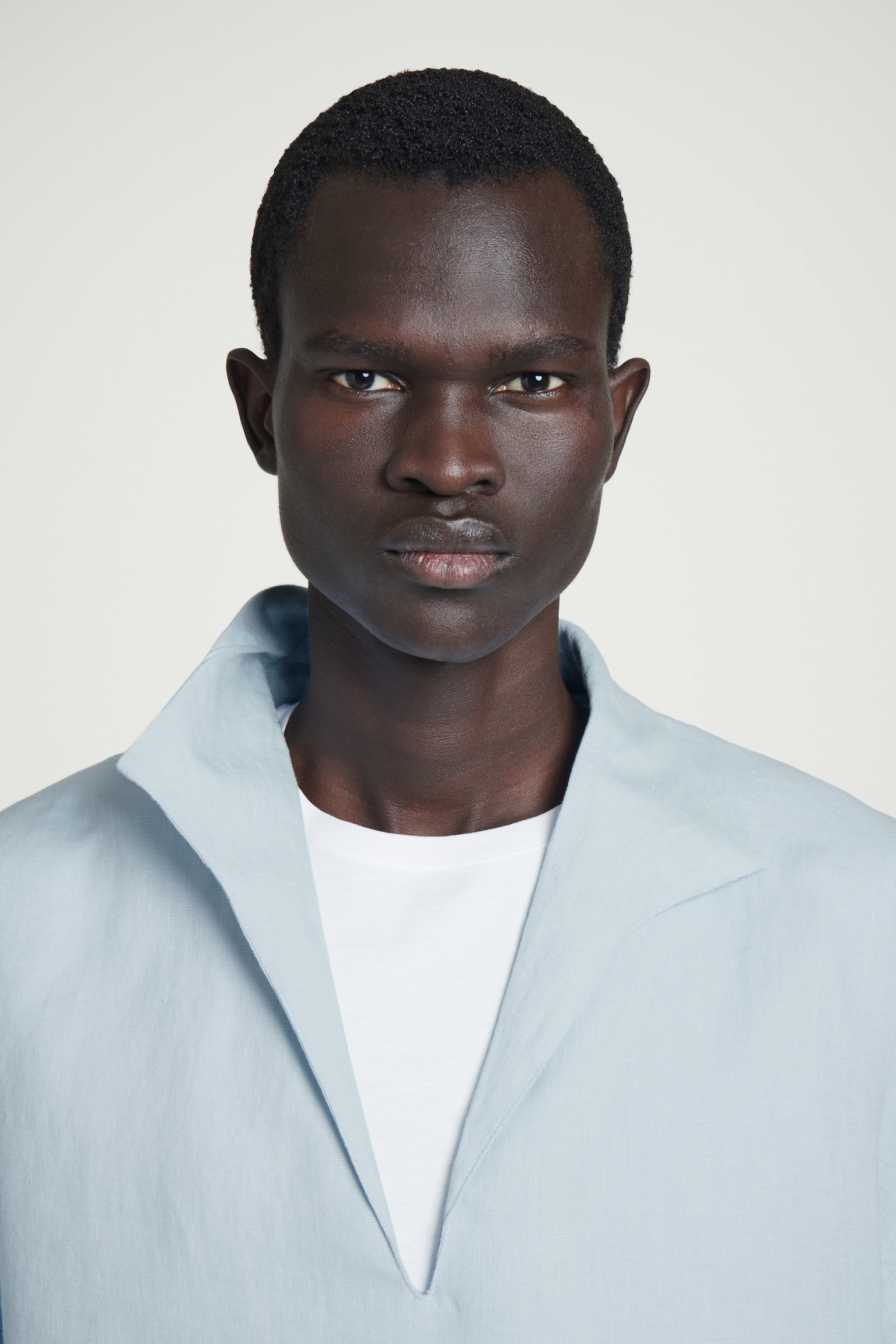 CHEMISE EN LIN À COL OUVERT - BLEU CIEL/BLEU MARINE - 3