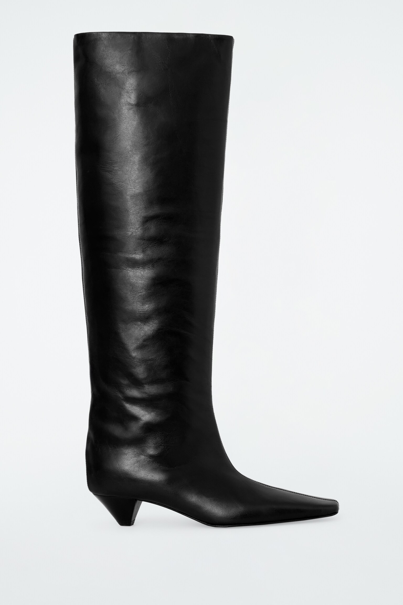 SLOUCHED LEATHER KNEE-HIGH BOOTS - BLACK