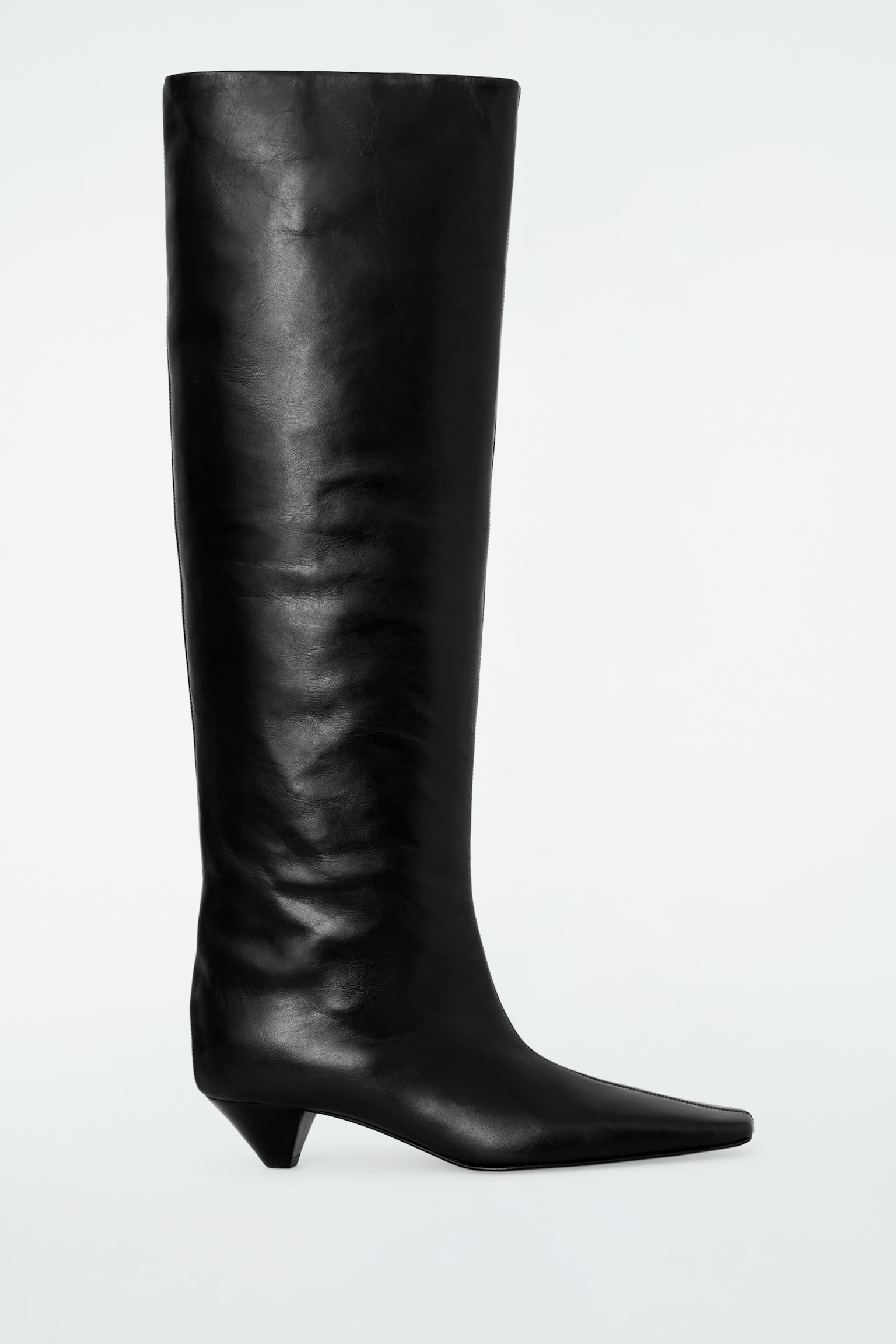 SLOUCHED LEATHER KNEE-HIGH BOOTS - BLACK