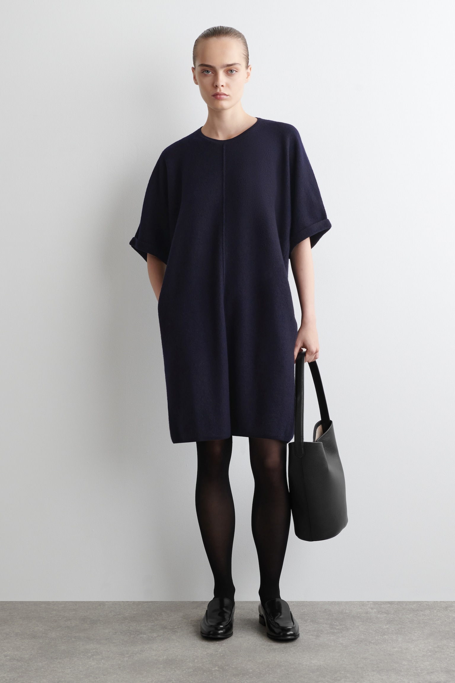 SCULPTED MERINO WOOL MINI DRESS - NAVY/GREY MÉLANGE