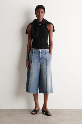 PINTUCKED DENIM CULOTTES — BLUE 1