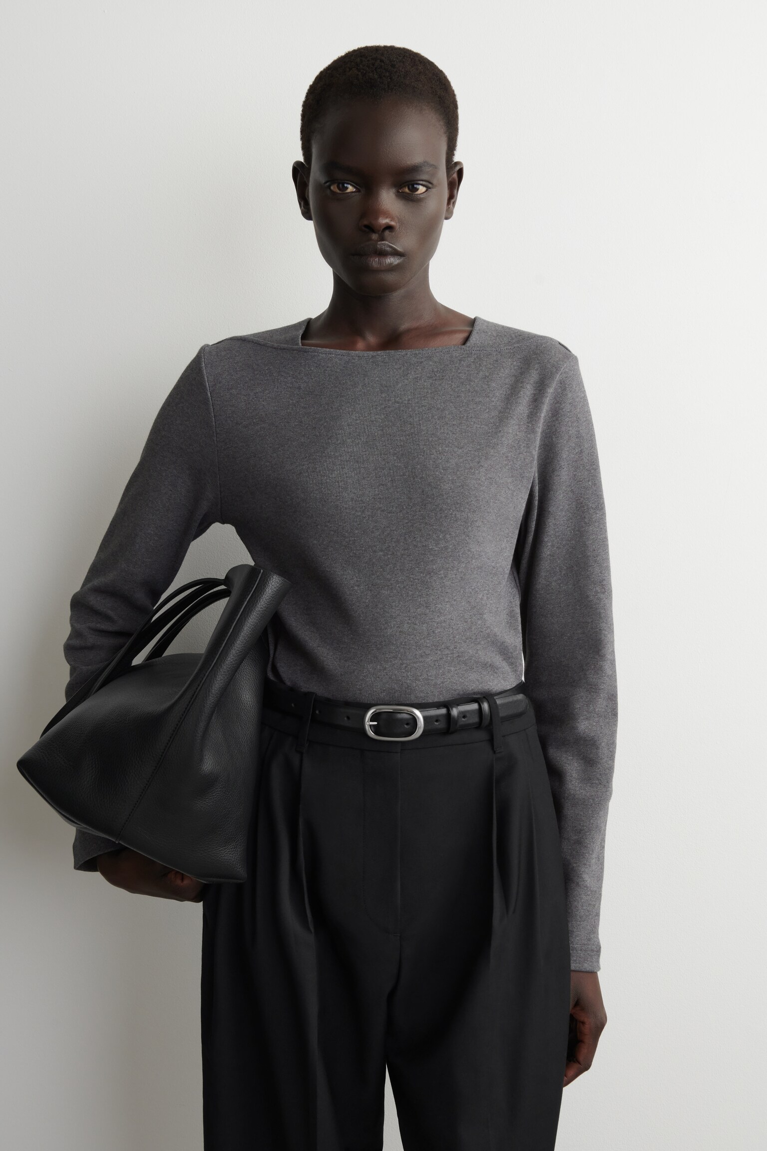 COTTON-JERSEY LONG-SLEEVED TOP - DARK GREY/ECRU - 1