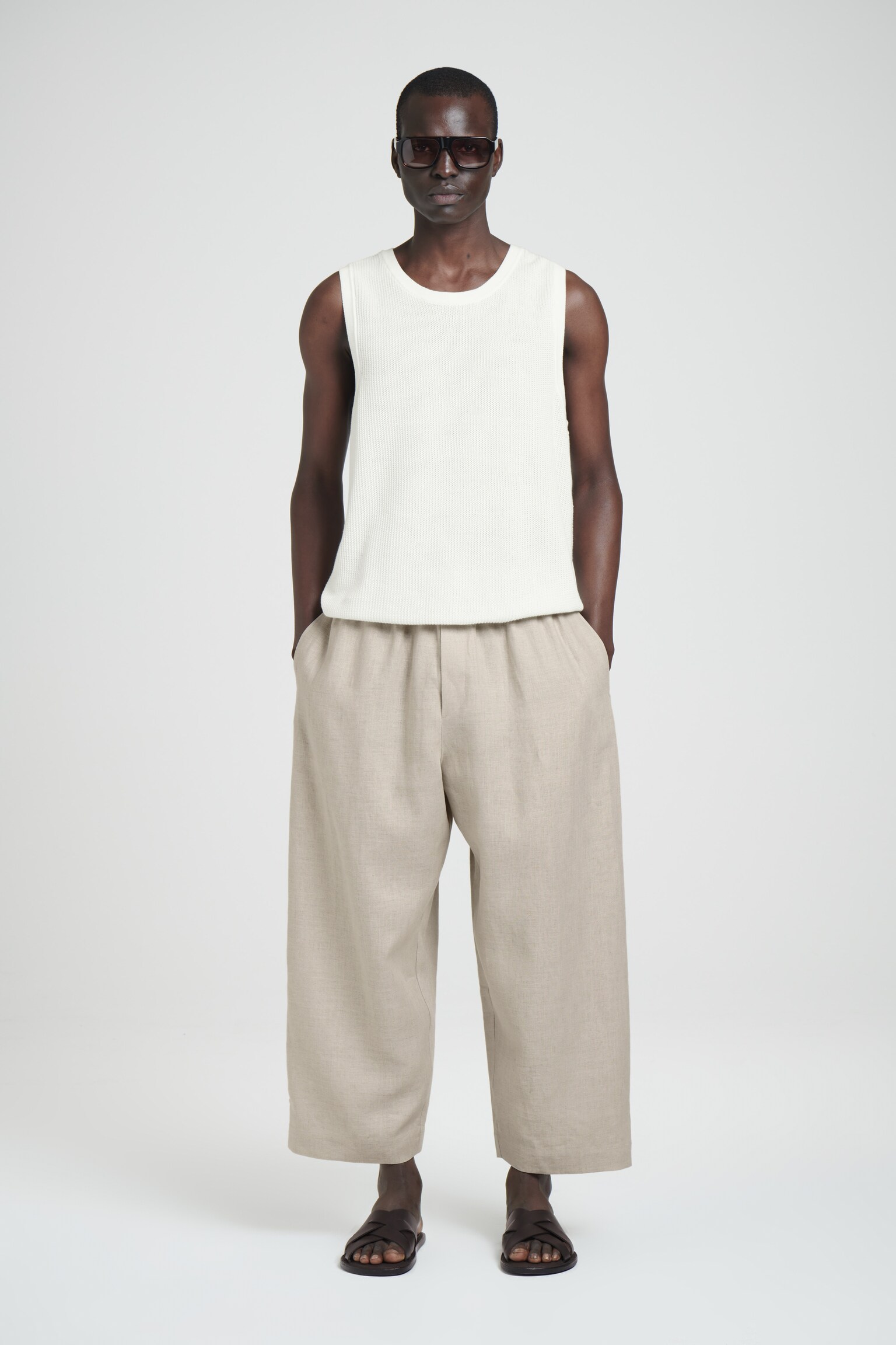 ELASTICATED LINEN WIDE-LEG TROUSERS - UNDYED / BEIGE/GREEN