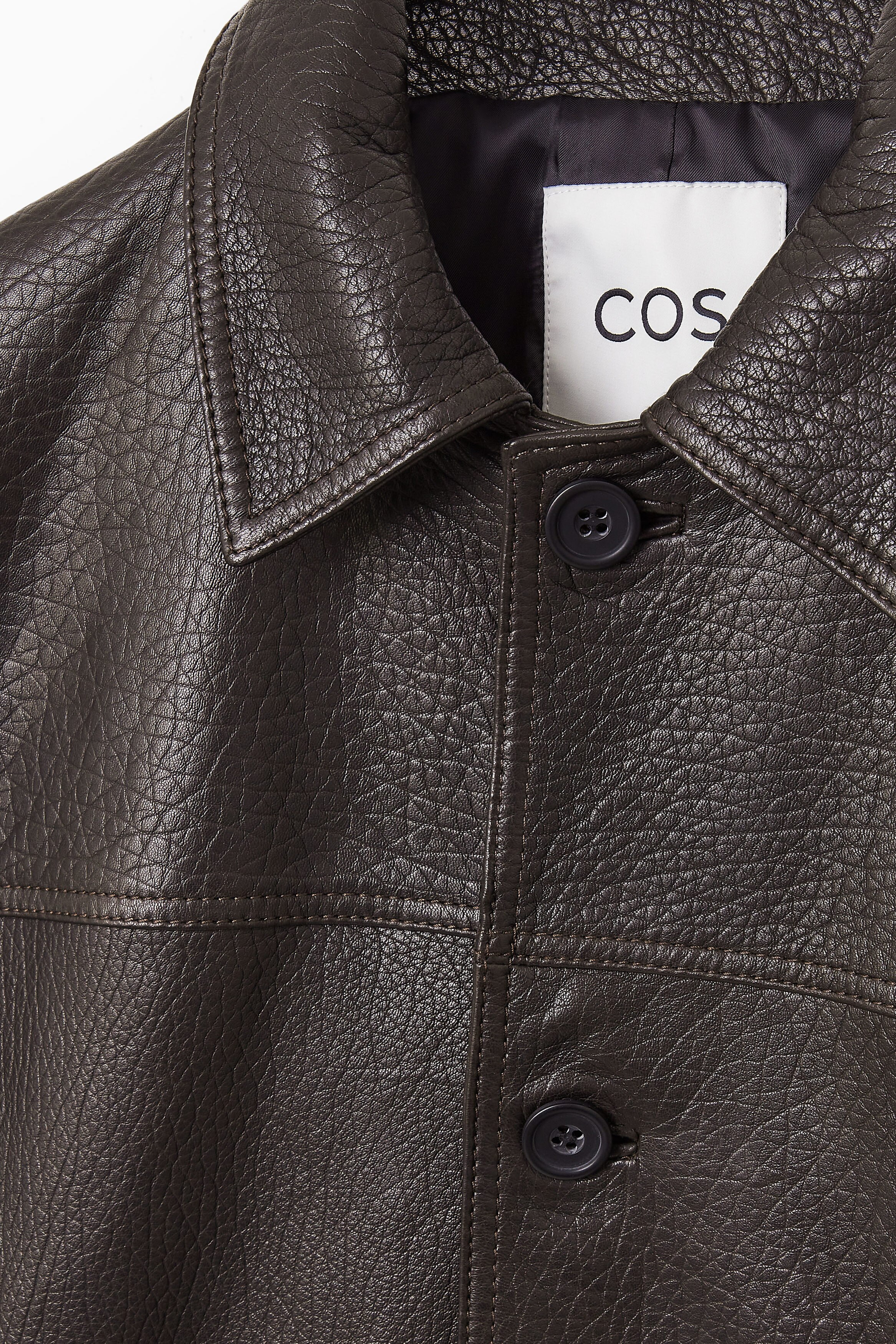 ジャケット・アウター COS COLLARED GRAINED-LEATHER JACKET COLLARED GRAINED-LEATHER JACKET - DARK BROWN | COS