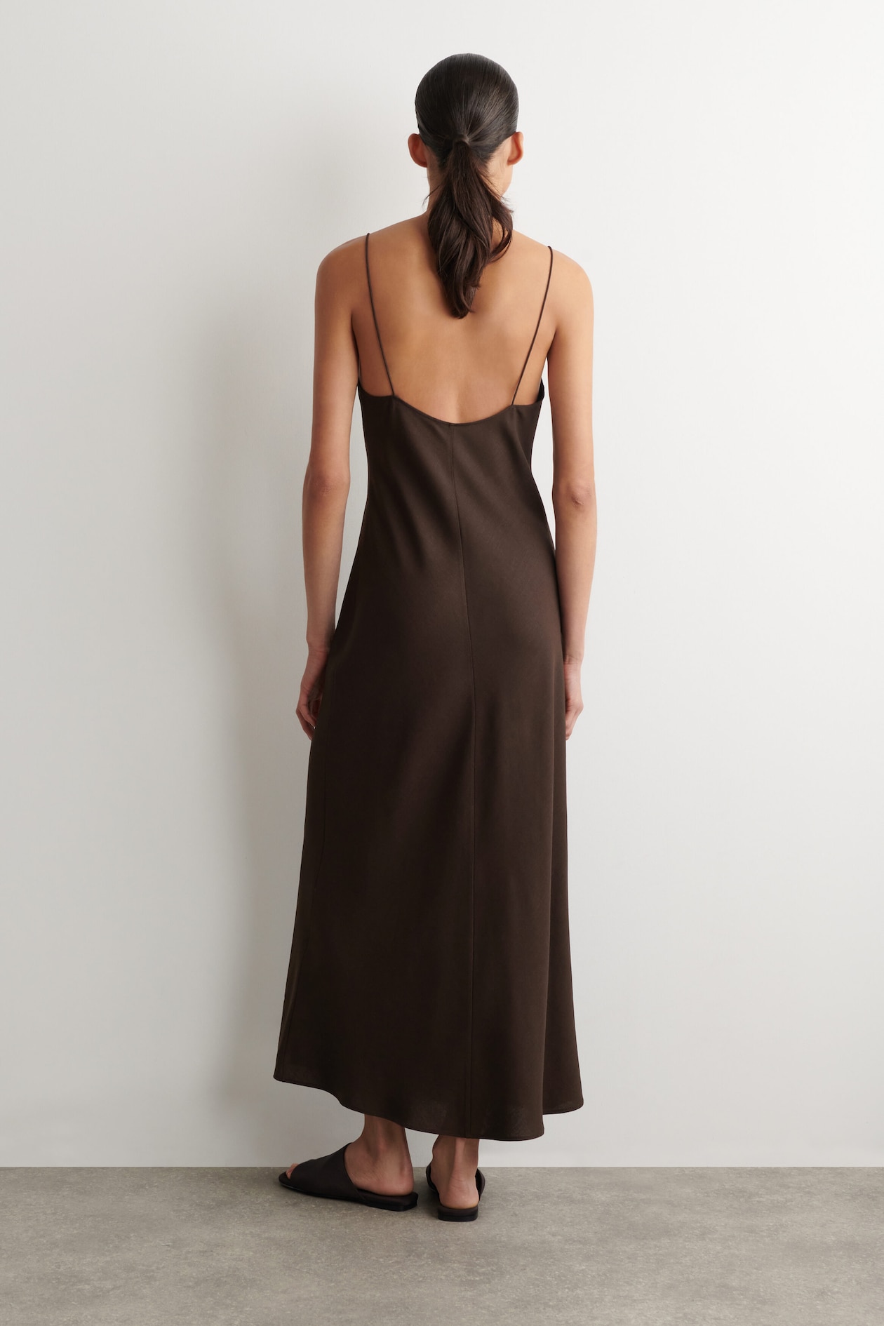 V-NECK MIDI CAMI DRESS — BROWN