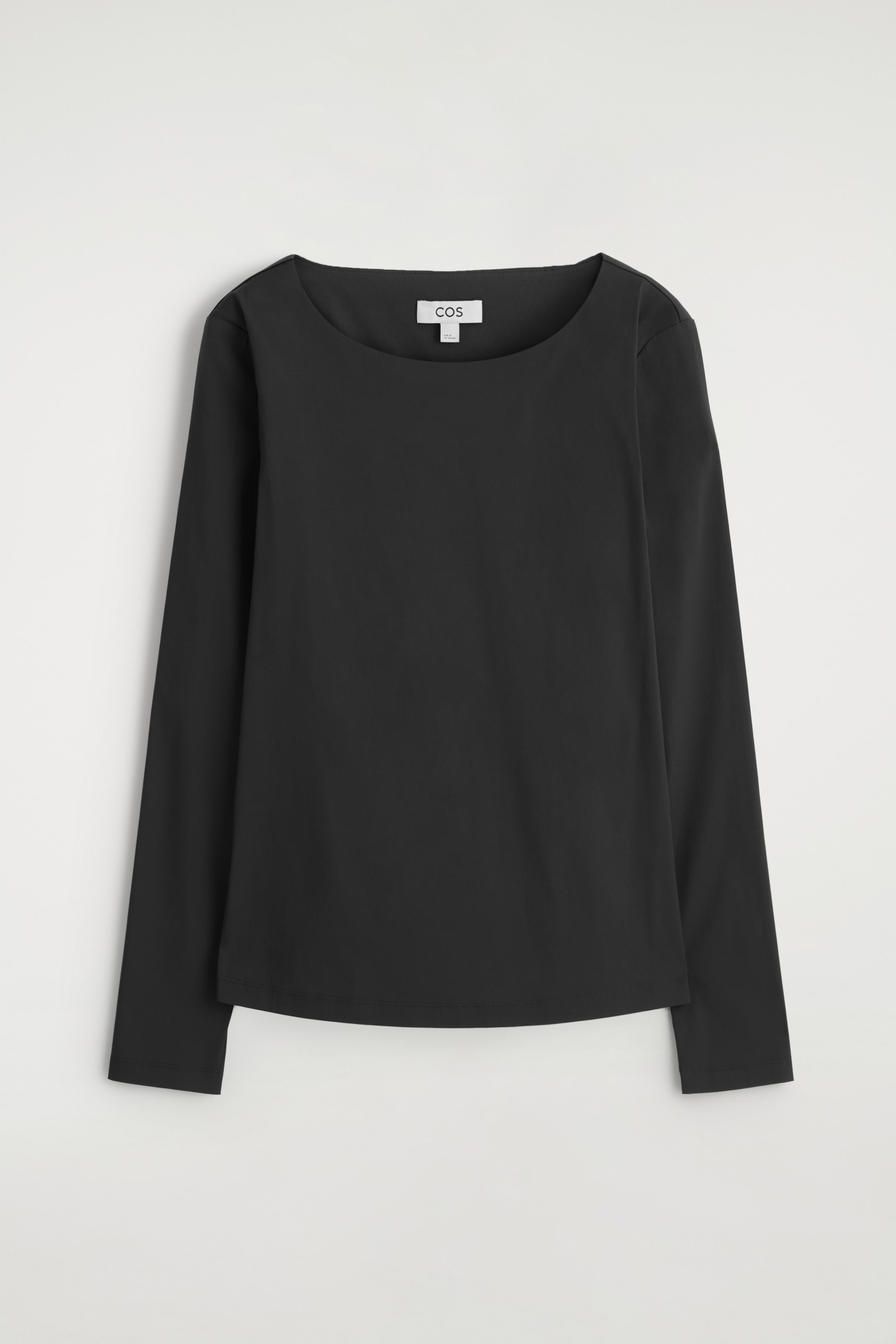 View larger image: A black long-sleeved top is shown from the FRONT, featuring a wide, rounded neckline and a slim fit. It is designed with long sleeves and a straight hem.