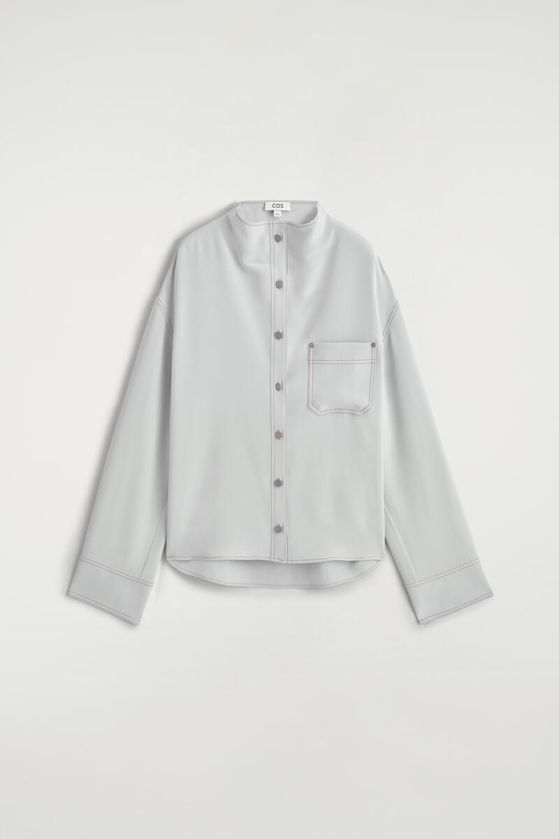 Denim-Effect Silk Funnel-Neck Shirt