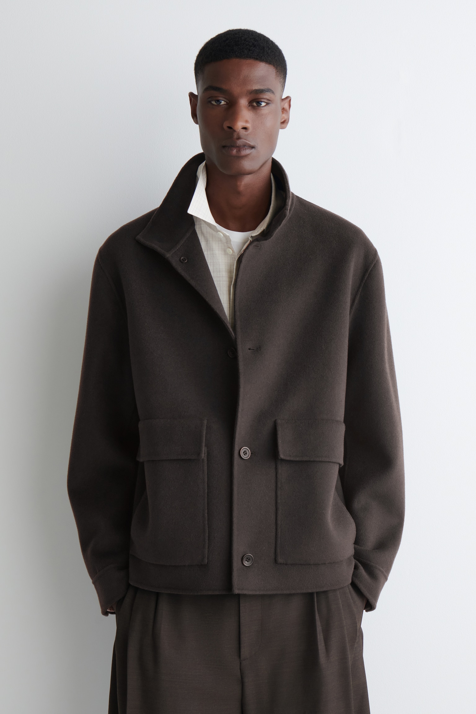WOOL HARRINGTON JACKET - DARK BROWN/CAMEL