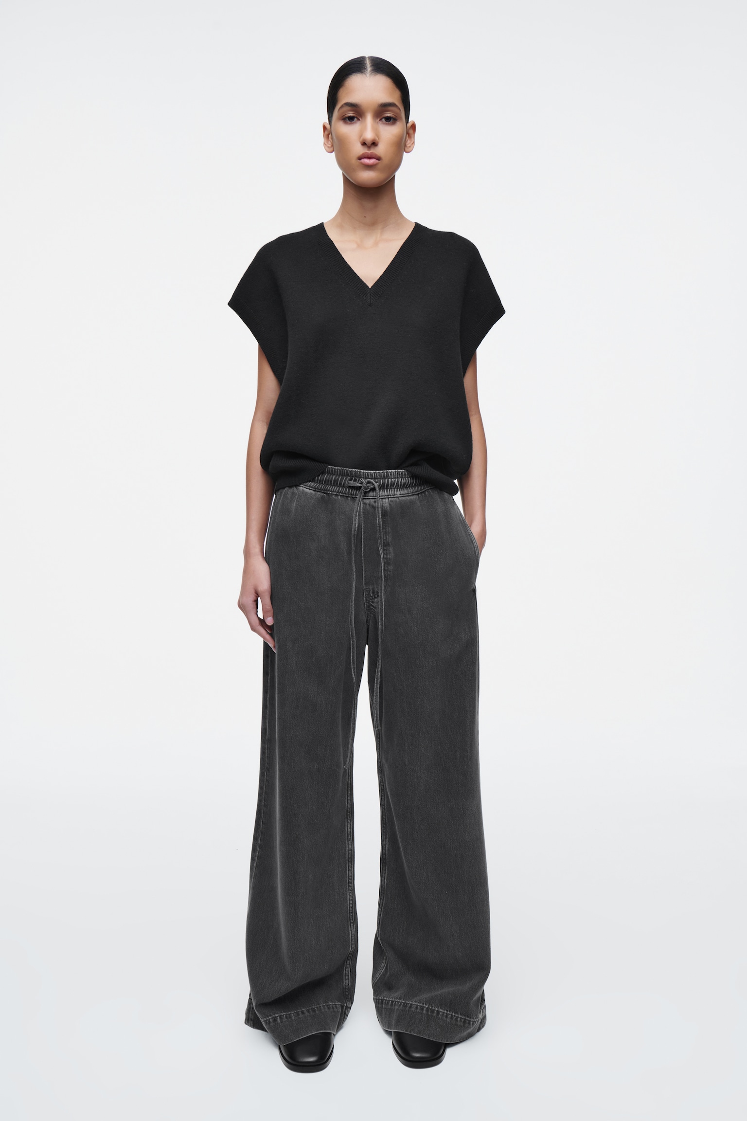 WIDE-LEG FLUID DENIM TROUSERS - WASHED BLACK/ECRU/WASHED BLUE