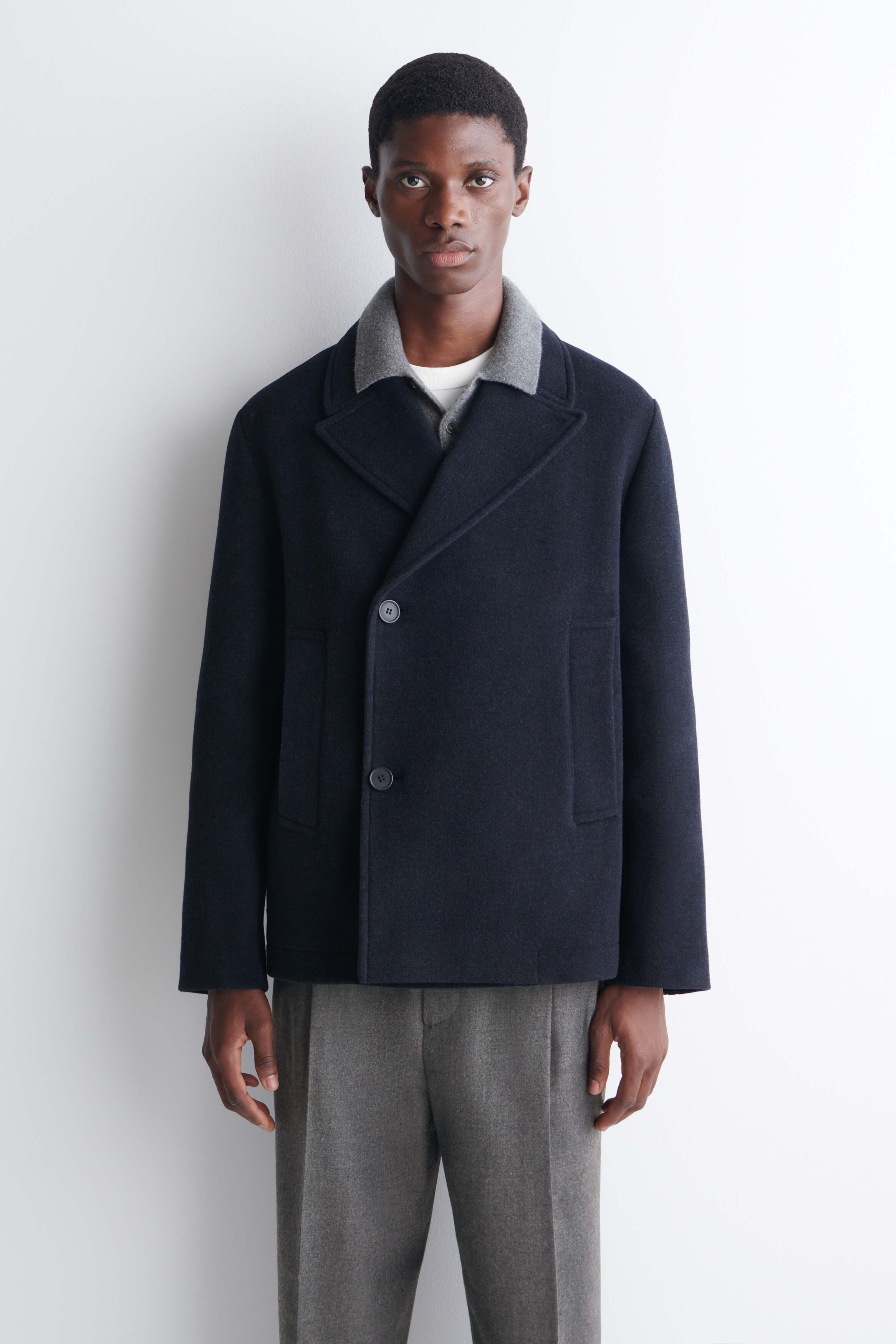 DOUBLE-BREASTED WOOL SHORT PEA COAT - NAVY MÉLANGE | COS