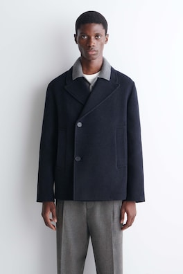 DOUBLE-BREASTED WOOL SHORT PEA COAT — NAVY MÉLANGE 2