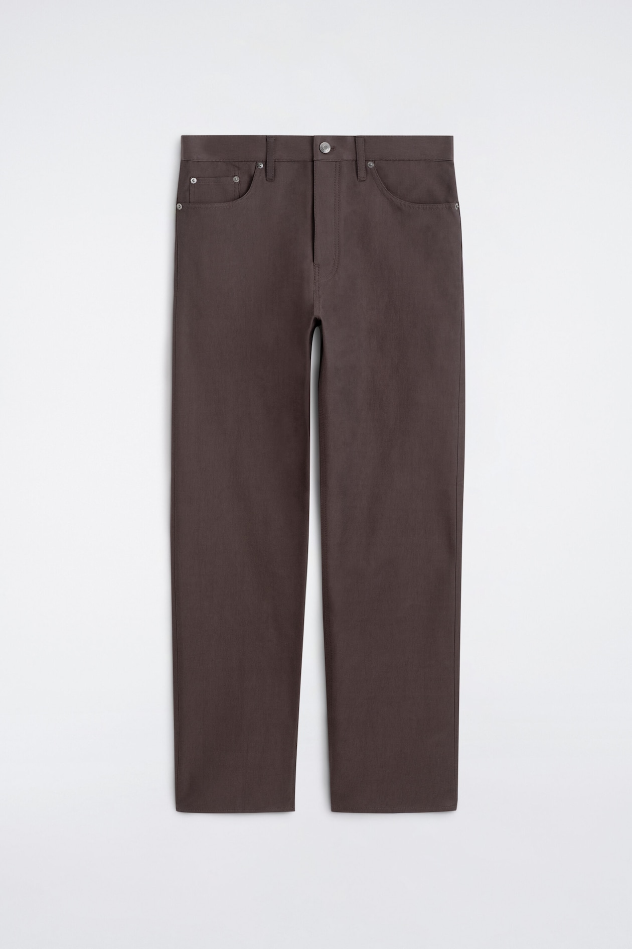 The signature regular-fit straight-leg jeans are shown from the front, featuring a classic five-pocket construction in solid dark brown denim. The jeans feature a structured waistband with belt loops, a metal button fastening, and a clean, straight-cut silhouette down to the hems.