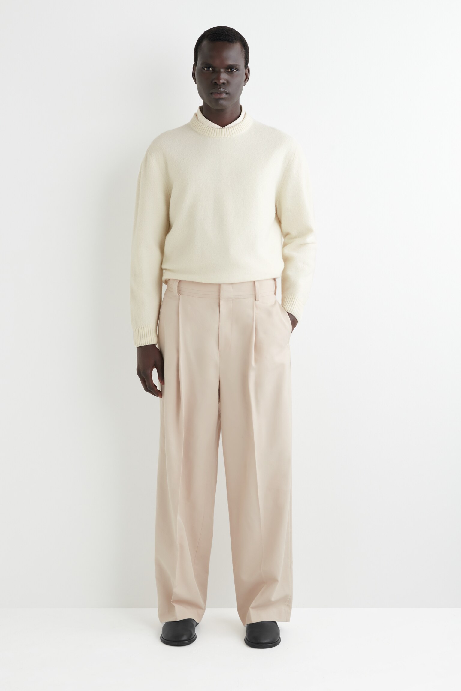 PLEATED WIDE-LEG TROUSERS - LIGHT BEIGE/DARK GREEN - 5
