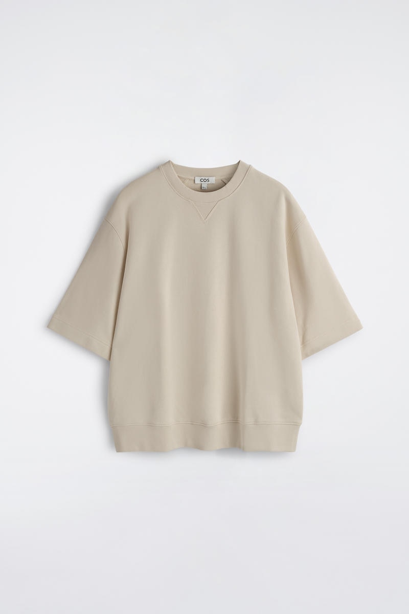 Oversized Short-Sleeved Cotton Sweatshirt in Light Beige
