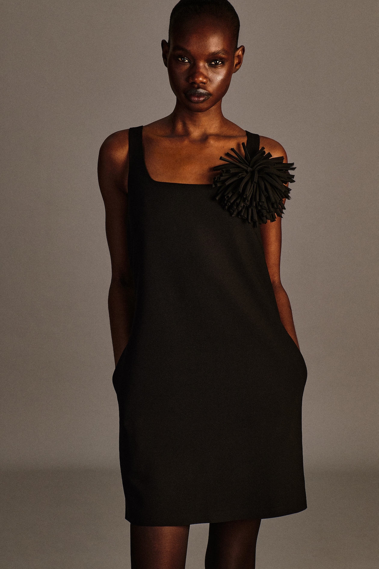 SQUARE-NECK CREPE-JERSEY DRESS — BLACK