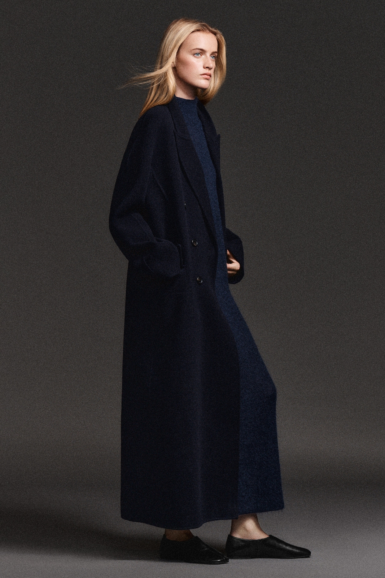 TAILORED DOUBLE-FACED WOOL LONG COAT — NAVY