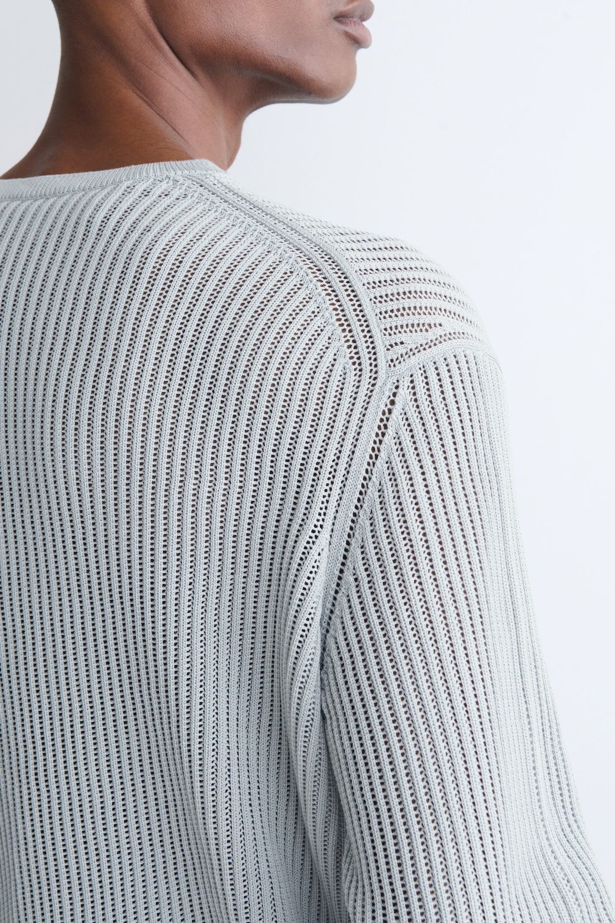 LADDER-STITCH COTTON V-NECK JUMPER — LIGHT BLUE