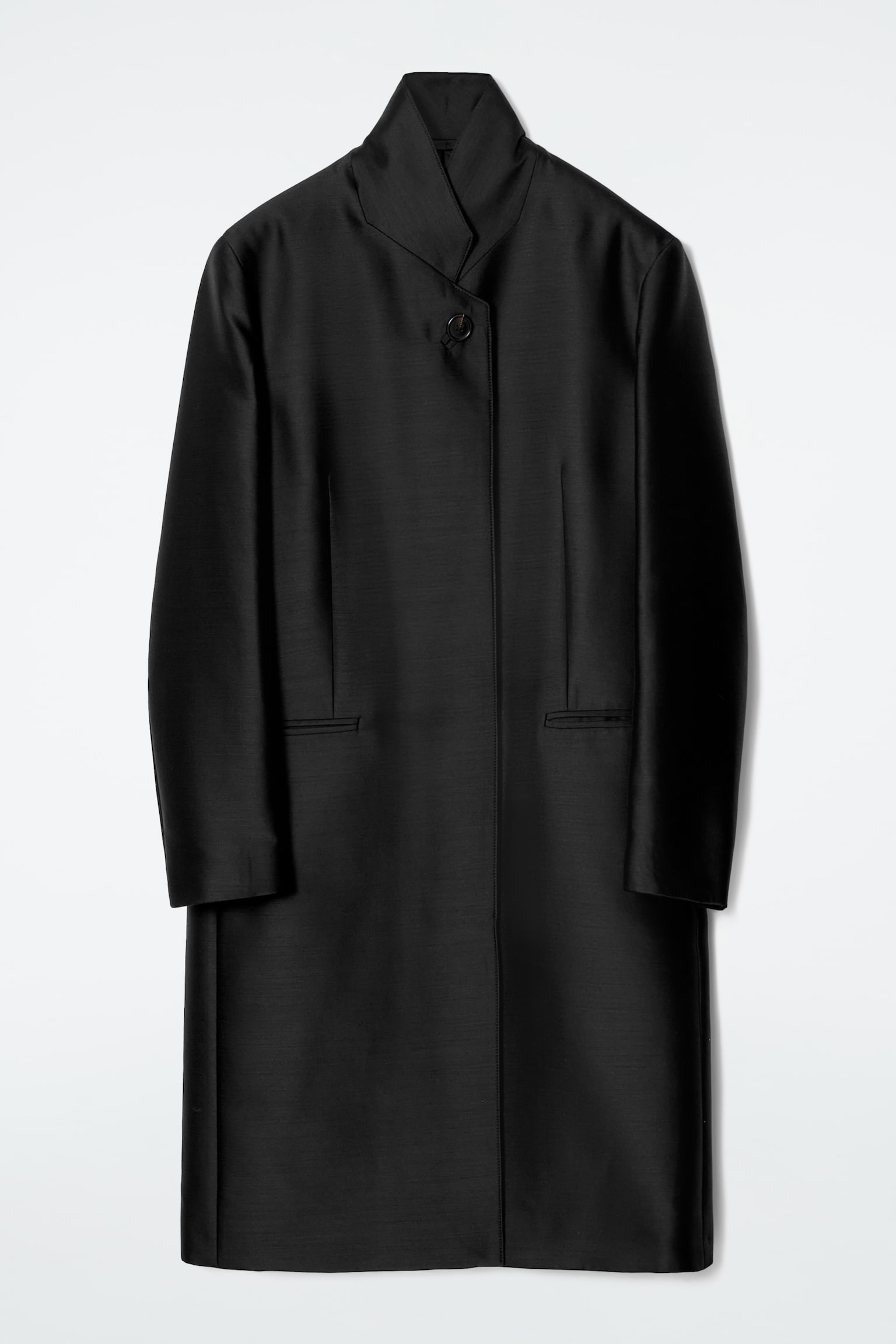 SINGLE-BREASTED WOOL-SATIN COAT - BLACK - 2