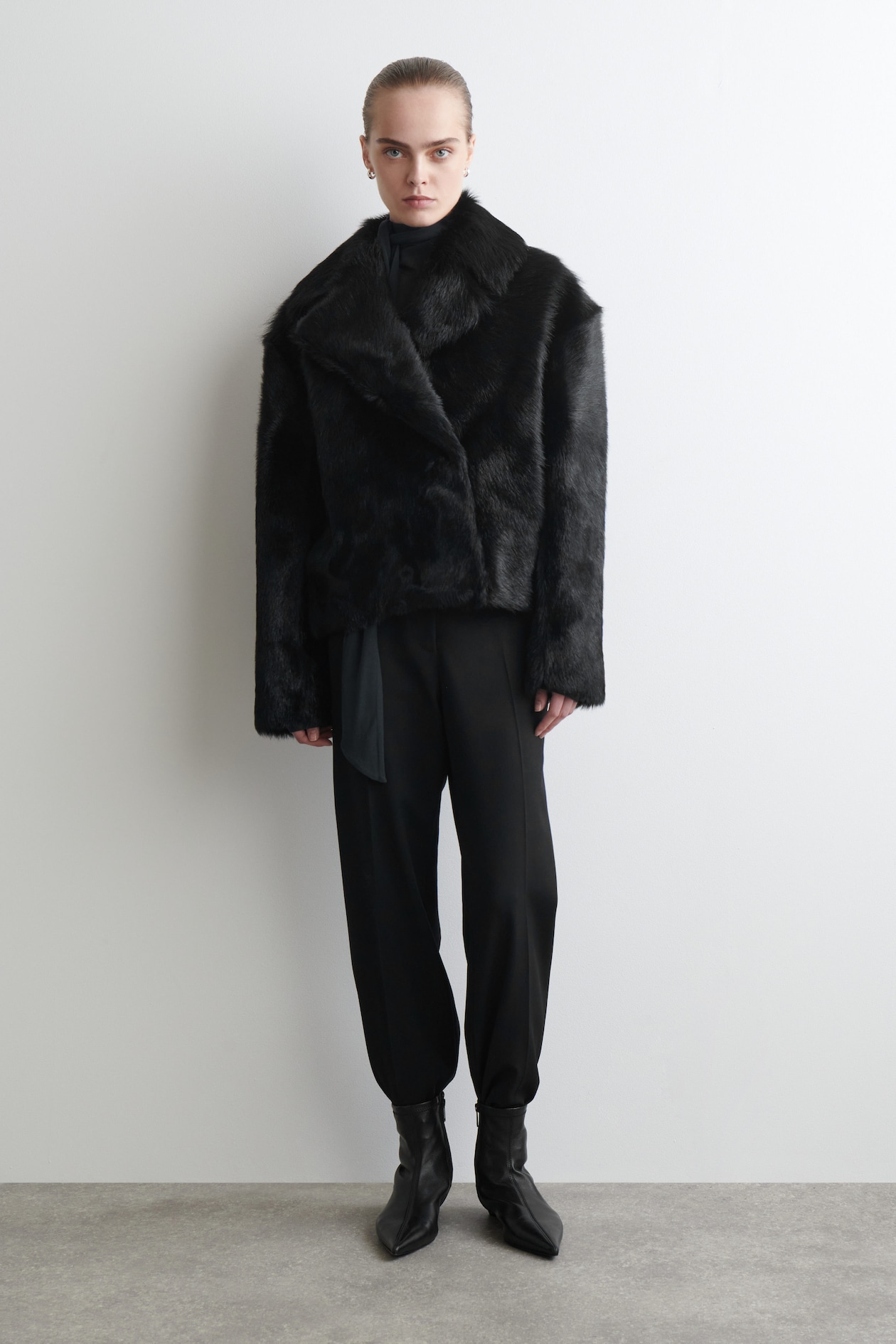 COLLARED PONY HAIR-EFFECT LEATHER JACKET — BLACK