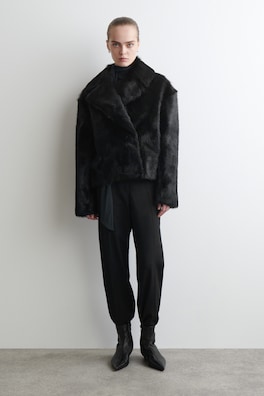 COLLARED PONY HAIR-EFFECT LEATHER JACKET — BLACK 1