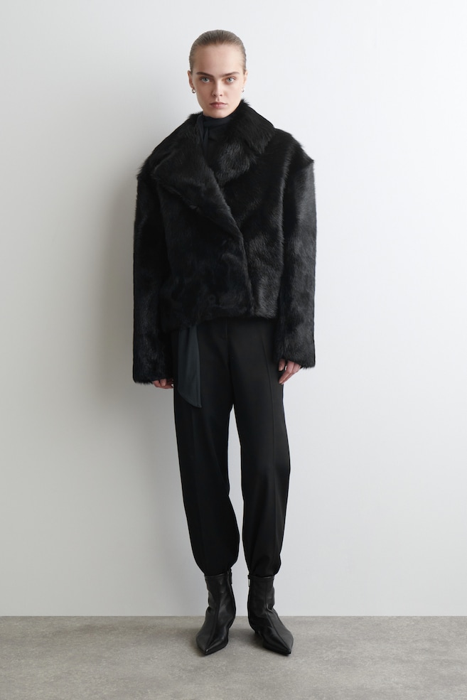 COLLARED PONY HAIR-EFFECT LEATHER JACKET — BLACK