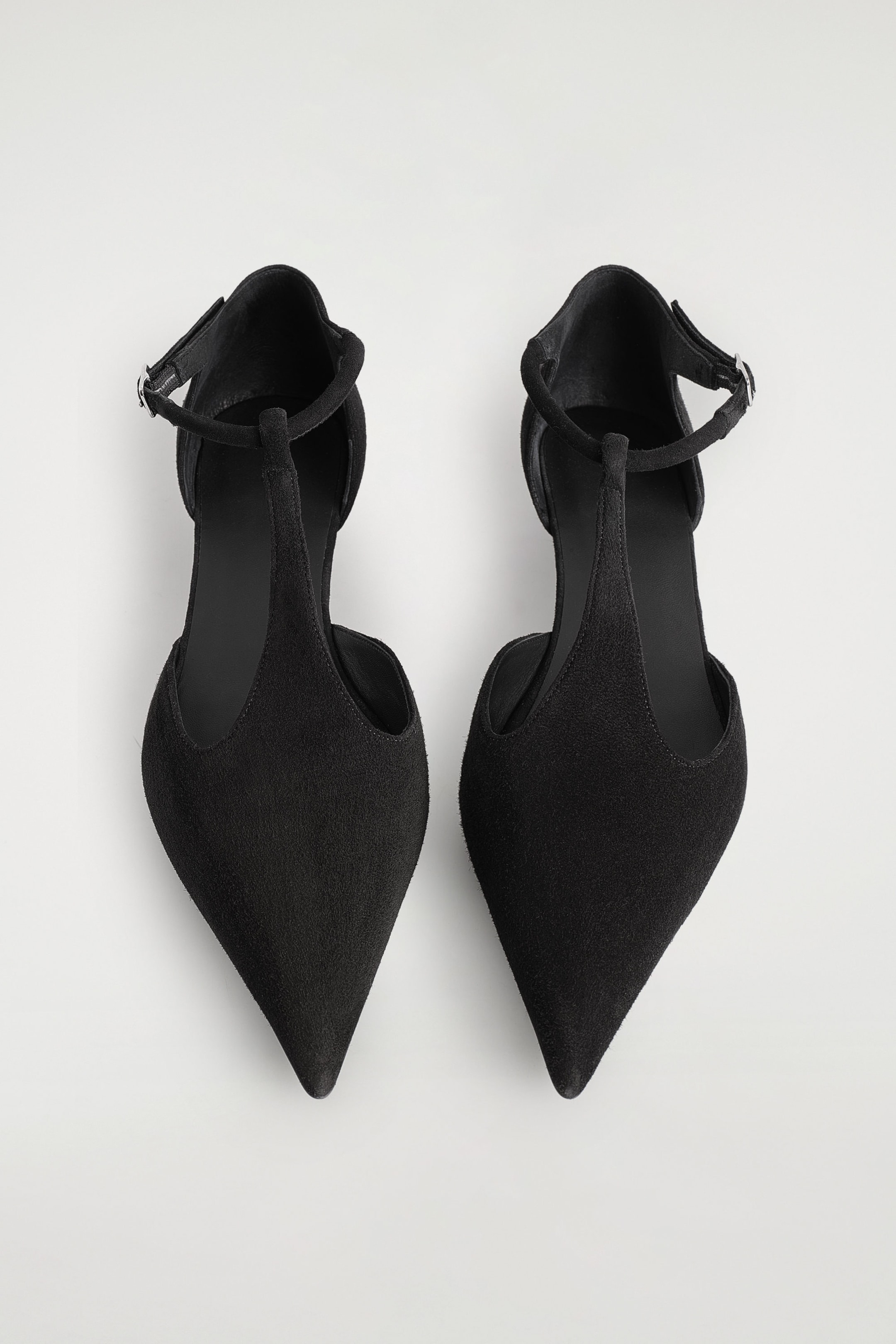 POINTED SUEDE T-BAR KITTEN HEELS