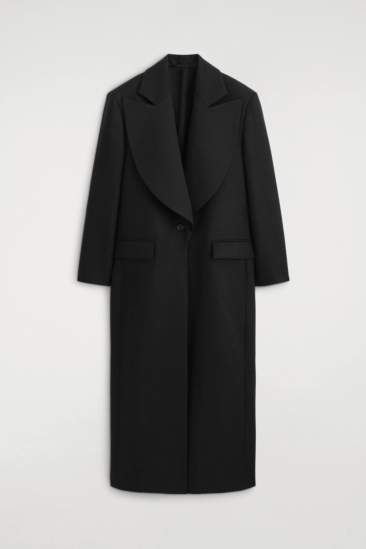 TAILORED DRAPED WOOL-BLEND LONG COAT — BLACK
