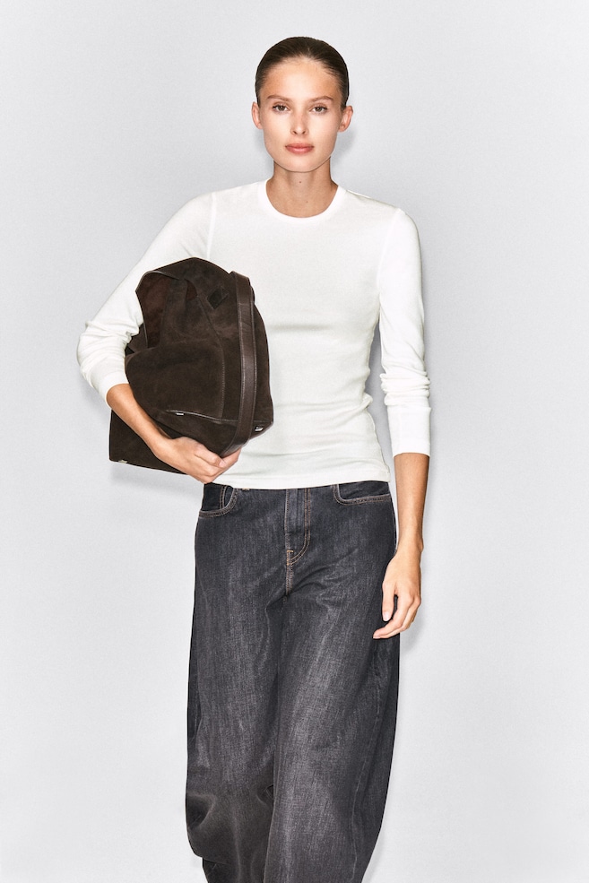 SLIM RIBBED COTTON LONG-SLEEVED TOP — WHITE