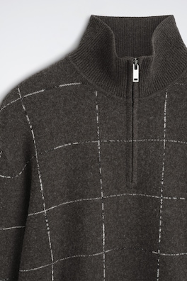 CHECKED WOOL-COTTON ZIP-UP SWEATER — BROWN / CHECKED 6