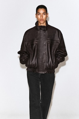 LEATHER MOCK-NECK BOMBER JACKET — DARK BROWN 2