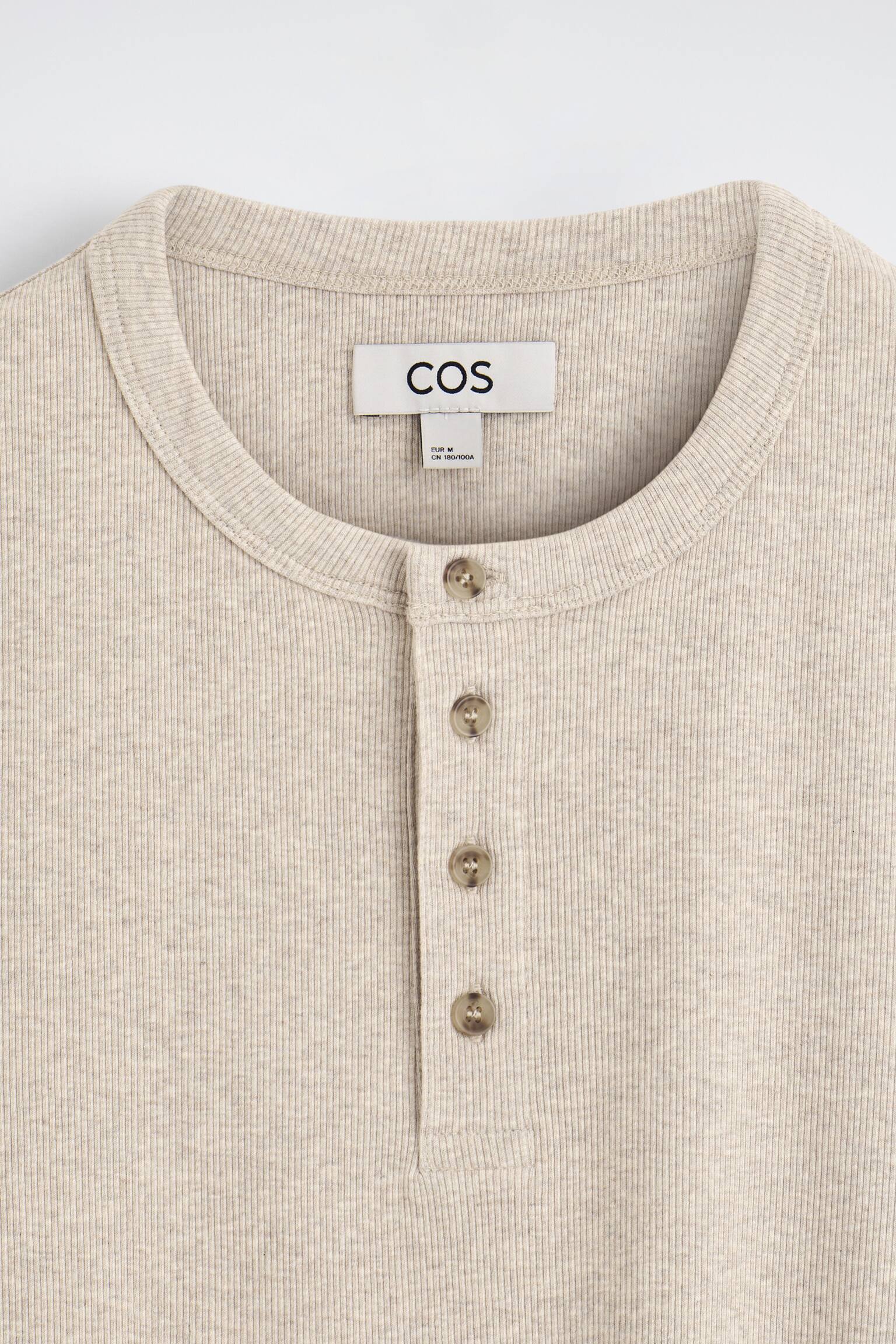 Smal ribbestrikket henley-T-skjorte - Beige melert - 4