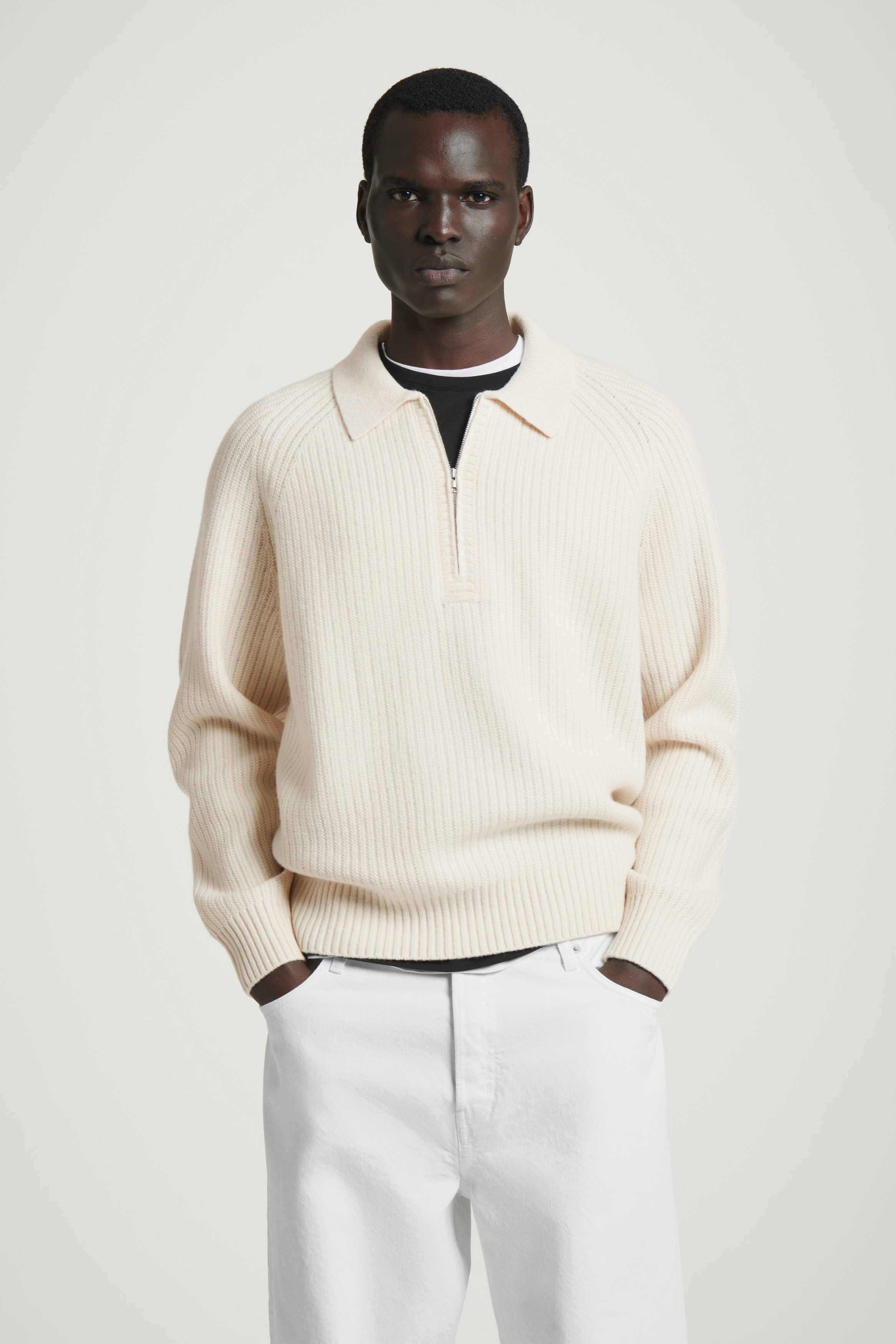 COLLARED MERINO WOOL-YAK BLEND HALF-ZIP SWEATER - OFF WHITE