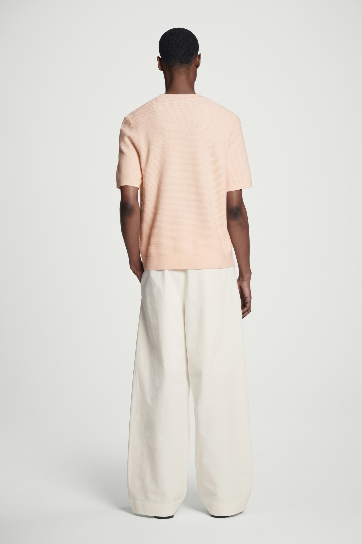 TEXTURED KNITTED COTTON T-SHIRT - APRICOT/OFF-WHITE/BLACK/MOLE - 4