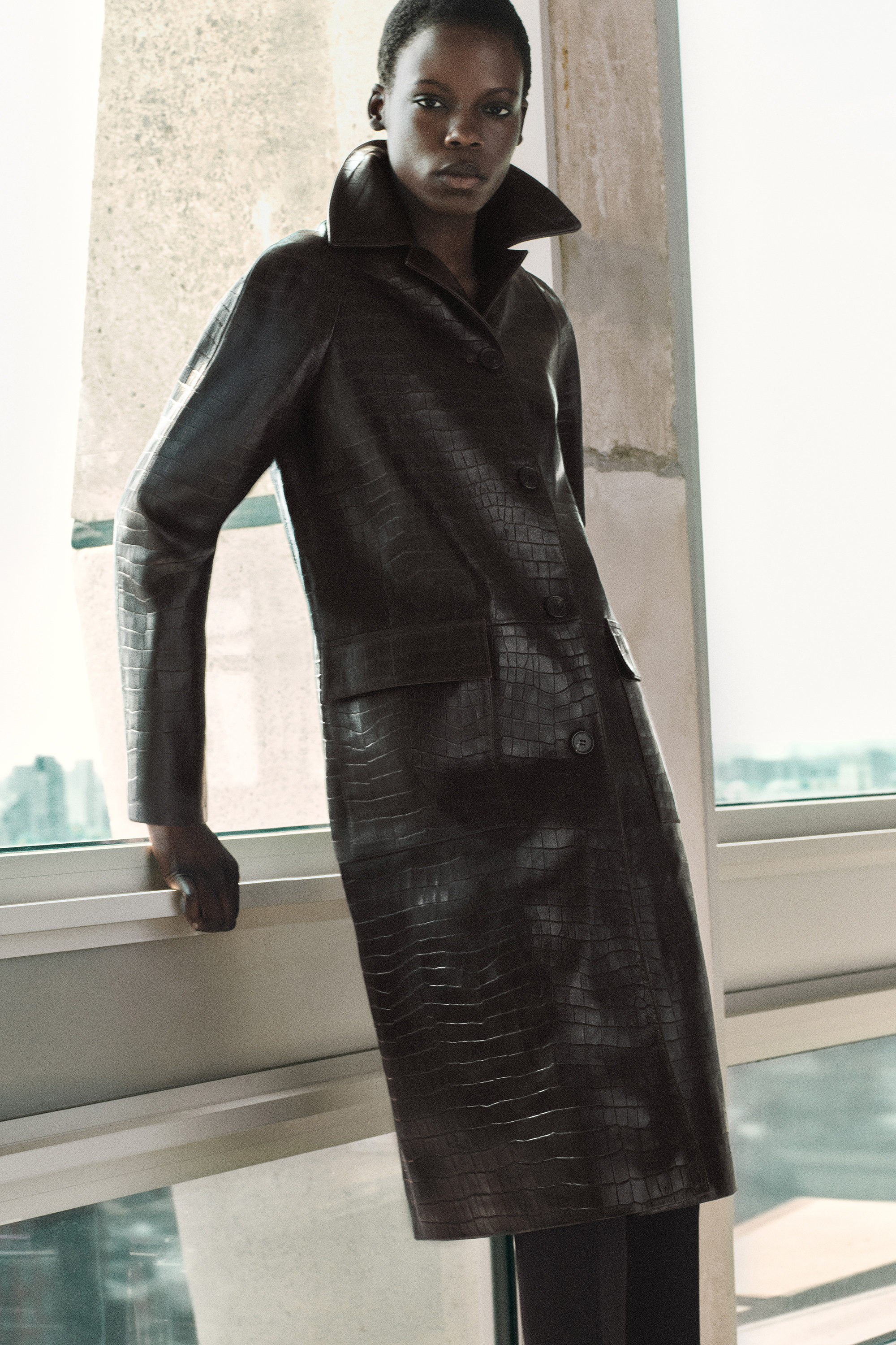 CROC-EMBOSSED LEATHER LONG COAT - DARK BROWN | COS US